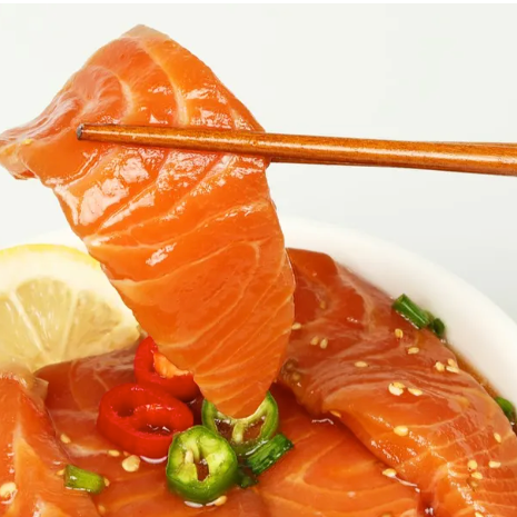 Cold Soy Sauce Salmon 800g - Fresh salmon marinated in a secret soy sauce with onions, refreshing lemon, and a savory kick!