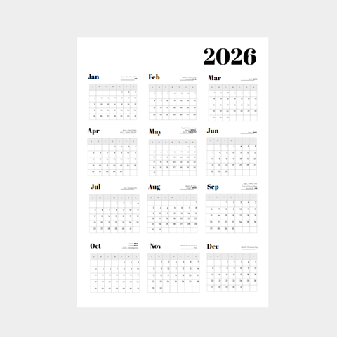 BRIO Gift Studio l 2026년 1Page 12개월달력 포스터-한국 캐나다 공휴일표기